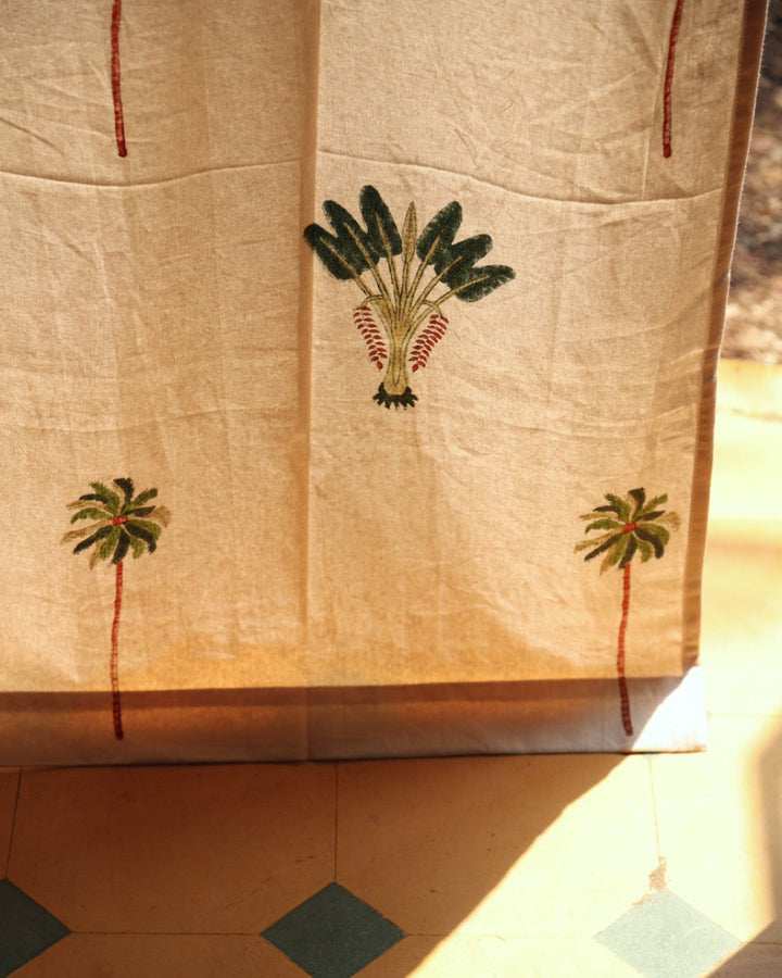 Off-White & Green Hand Block Printed Linen Curtains | Palm Tree Design