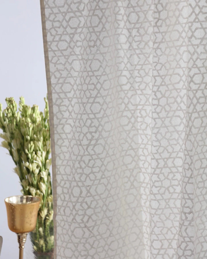 White Hand Block Printed Linen Curtains | Moroccan Geometric Design
