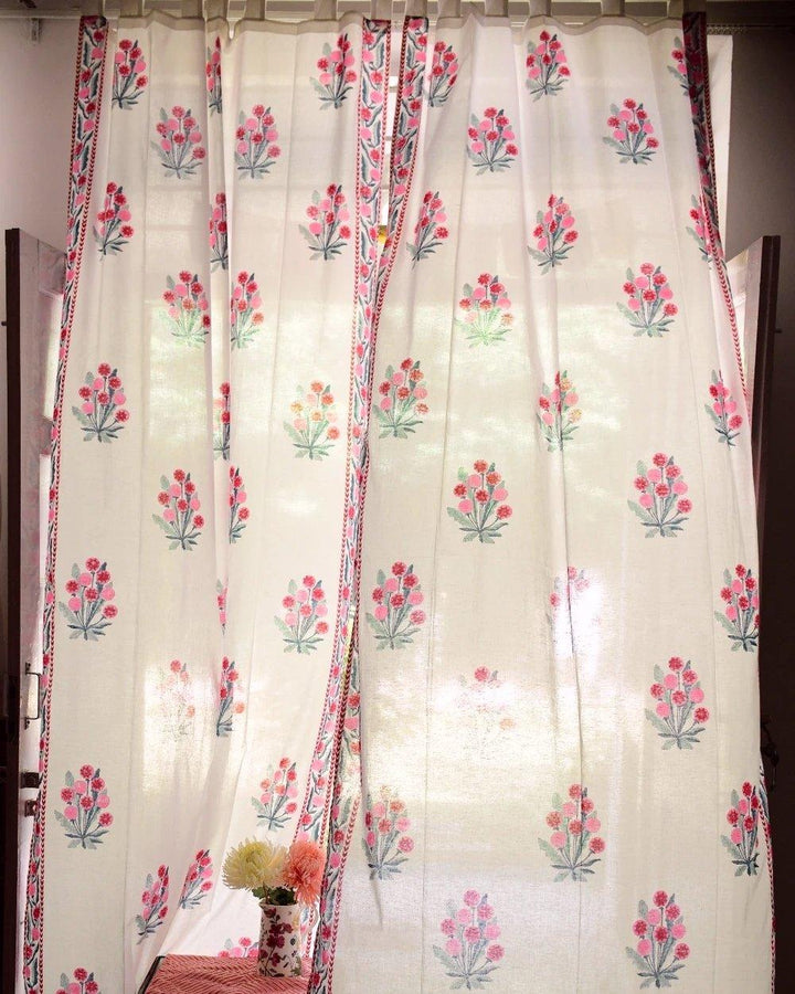 Pink & Green Hand Block Printed Linen Curtains | Floral Design