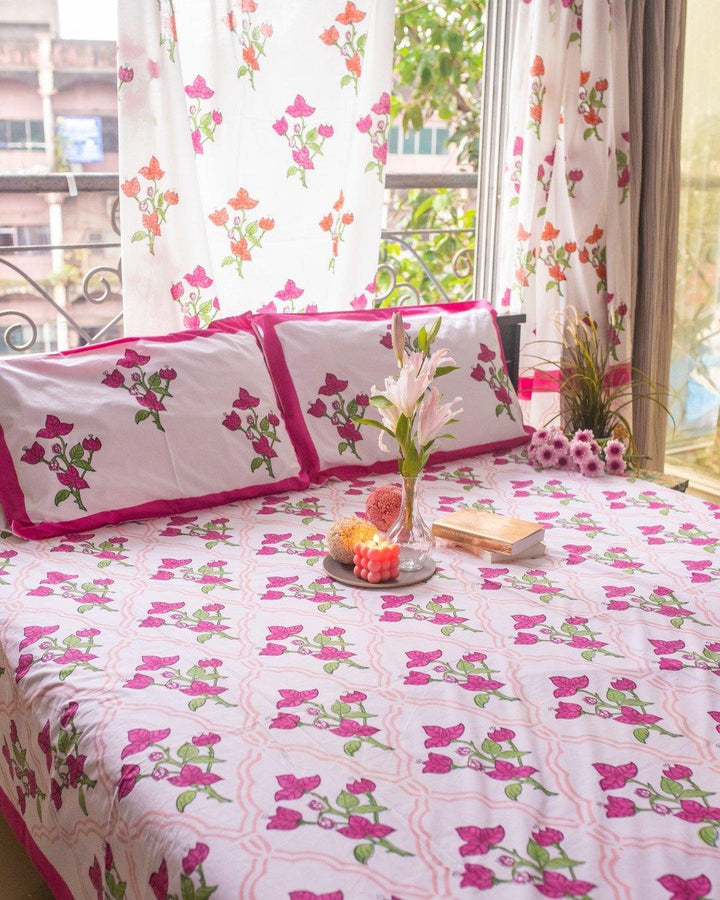 White & Pink Hand Block Printed Linen Curtains | Bougainvillea Design