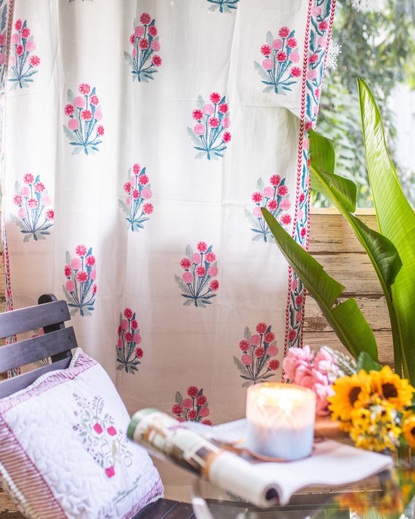 Pink & Green Hand Block Printed Linen Curtains | Floral Design