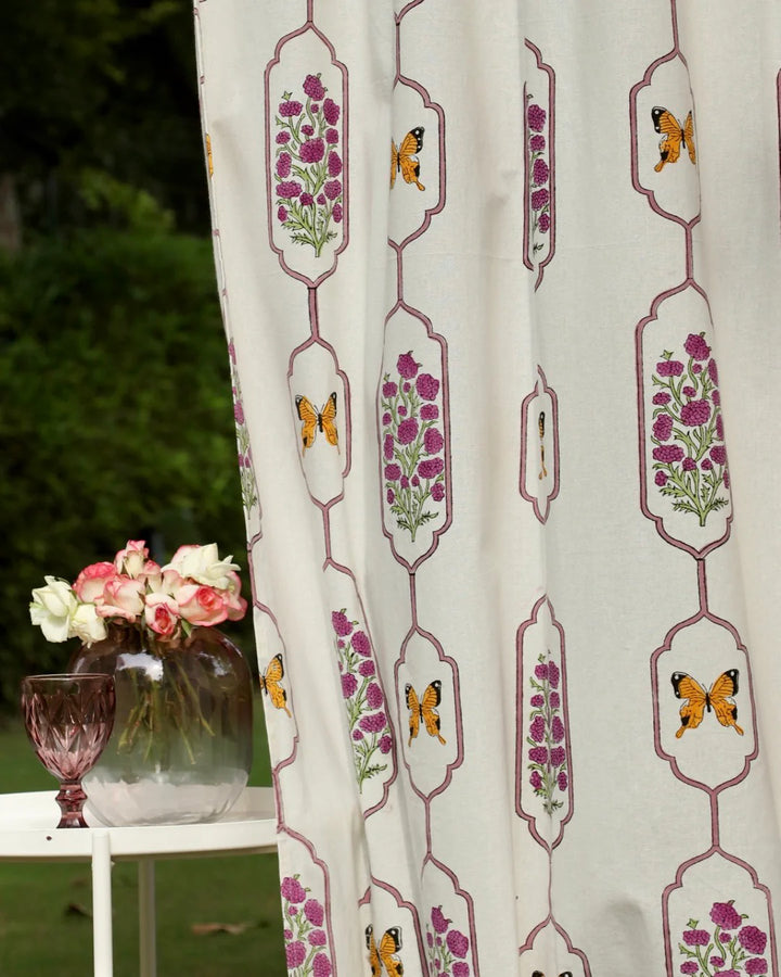 White & Purple Hand Block Printed Linen Curtains | Butterfly & Floral Design