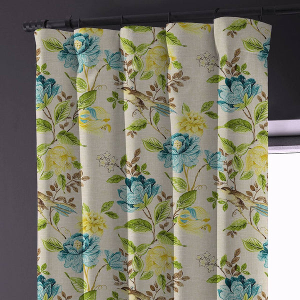 Cream Green Blue Floral & Bird Print Curtains | Organic Cotton Linen | Blackout/Light Filtering | Made to Measure