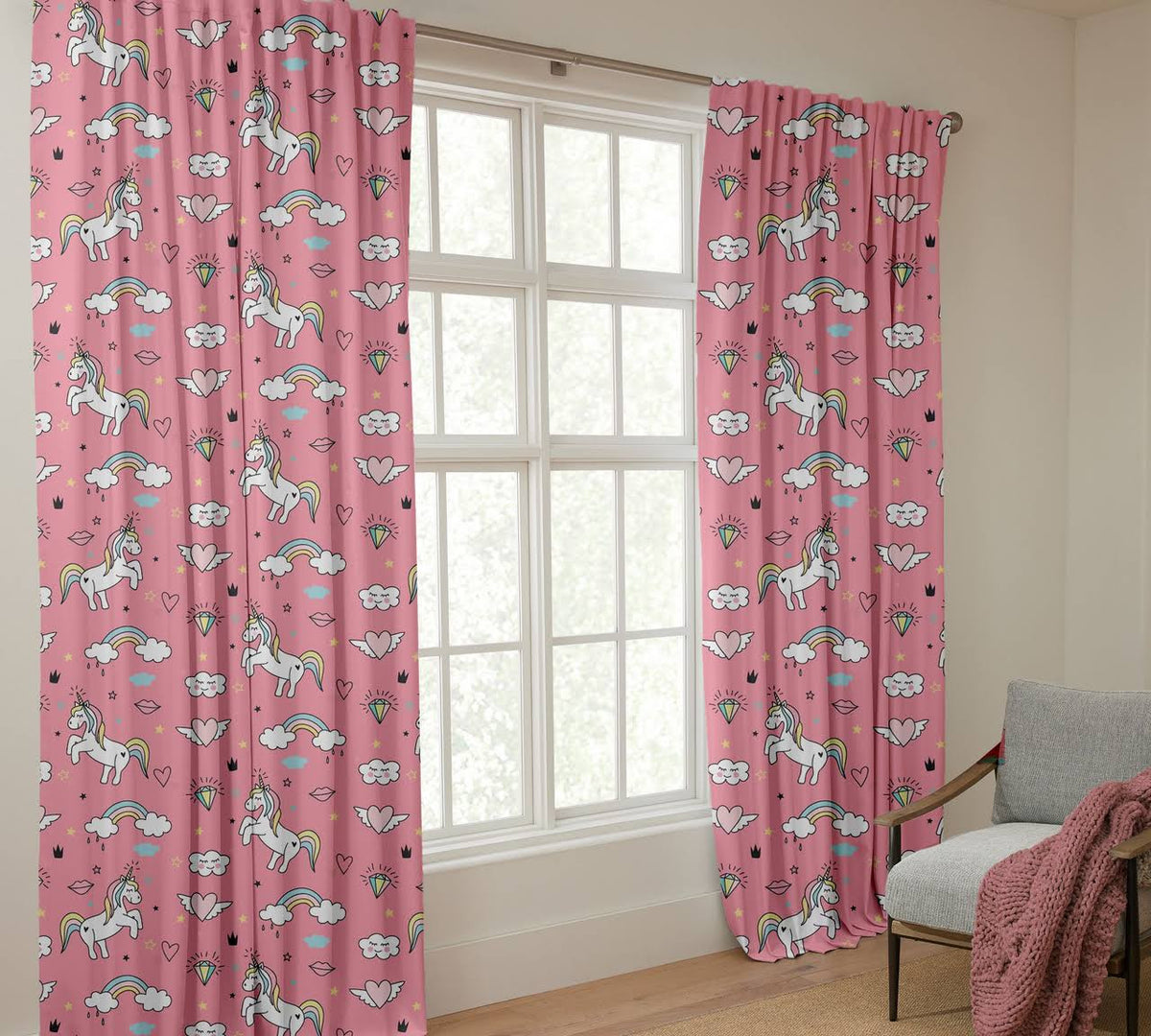 Unicorn Curtains - Kids Bedroom Organic Cotton Blackout Rainbow - Custom Size Window Panels Nursery