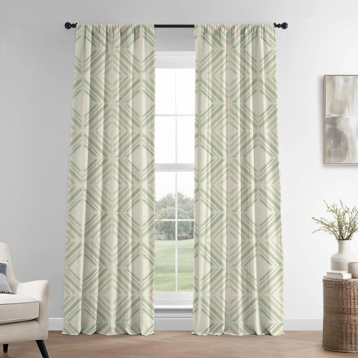 Geometric Curtains Cream Taupe Sage Green | Organic Cotton Linen | Diamond Pattern | Blackout/Light Filtering | Made to Measure