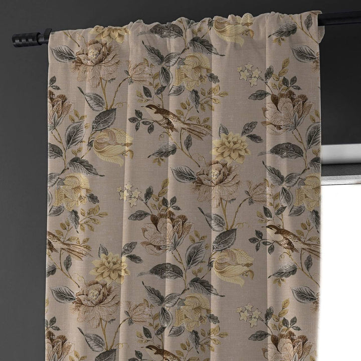 Neutral Taupe Curtains | Organic Cotton Linen | Floral & Bird Print | Blackout/Light Filtering | Made to Measure