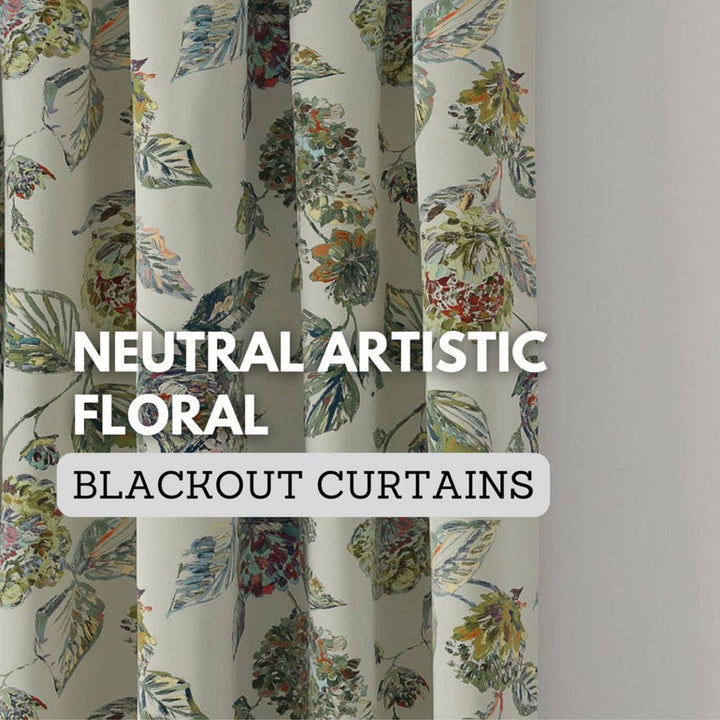 Artistic Beige Green Hand Painted Floral Botanical Leaf Cotton Linen Curtains | Blackout or Light Filtering | Standard or Custom Sizes