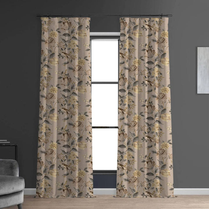 Neutral Taupe Curtains | Organic Cotton Linen | Floral & Bird Print | Blackout/Light Filtering | Made to Measure