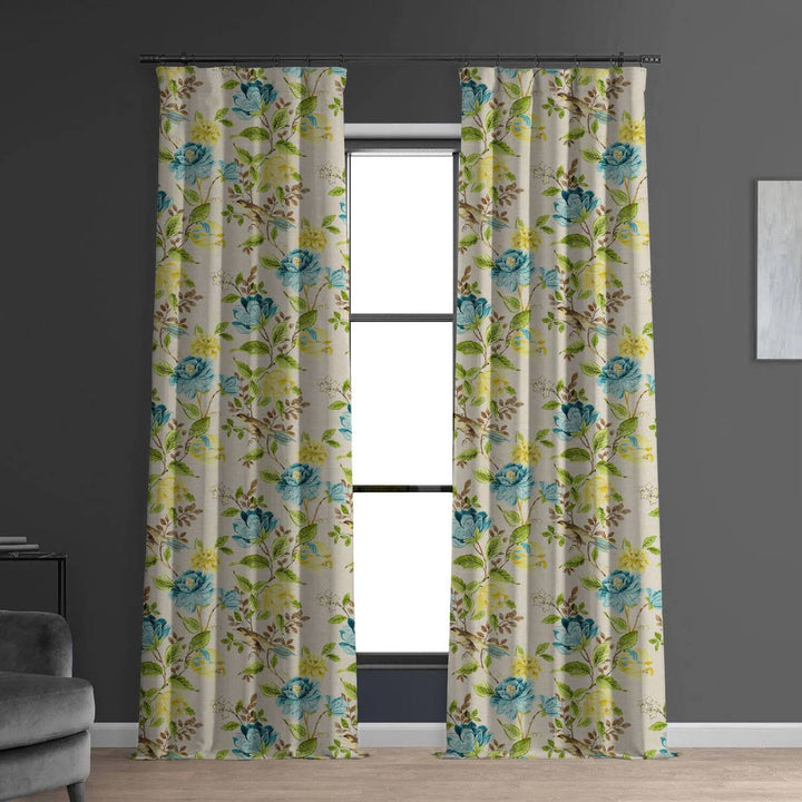 Cream Green Blue Floral & Bird Print Curtains | Organic Cotton Linen | Blackout/Light Filtering | Made to Measure