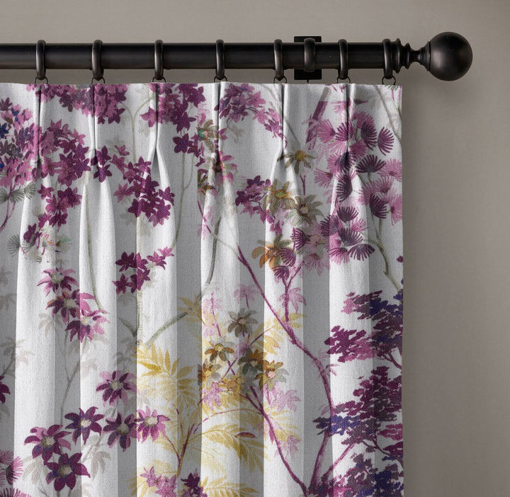 Elegant Hand Painted Floral Linen Cotton Curtains - UK Made to Measure Pinch Pleated Window Drapes