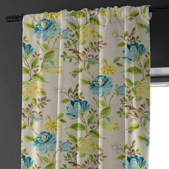 Cream Green Blue Floral & Bird Print Curtains | Organic Cotton Linen | Blackout/Light Filtering | Made to Measure