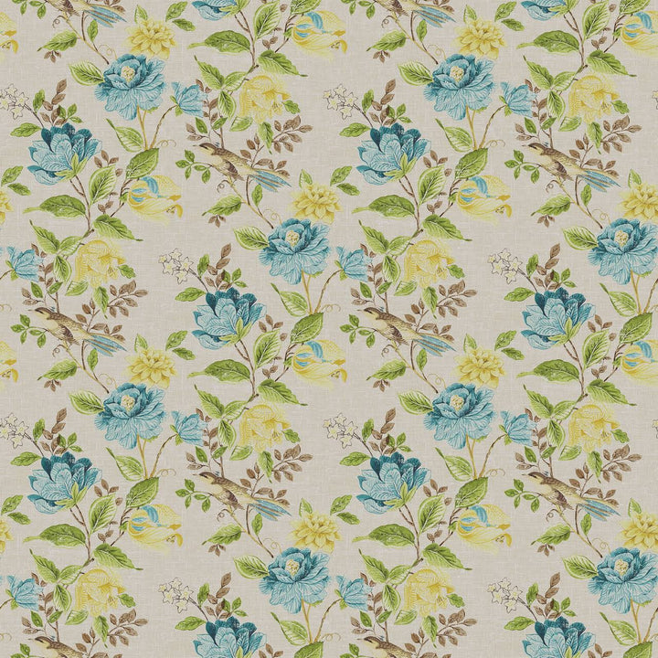 Cream Green Blue Floral & Bird Print Curtains | Organic Cotton Linen | Blackout/Light Filtering | Made to Measure