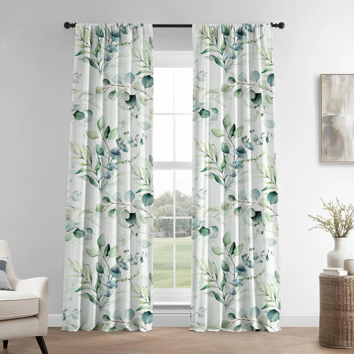 Linen Eucalyptus Curtains UK - Watercolor Leaf Print Light Filtering or Blackout