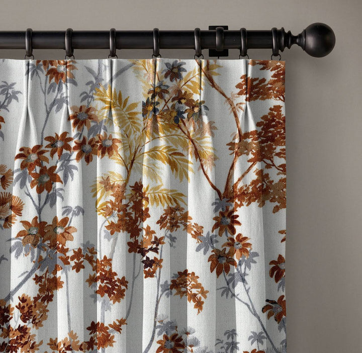 Elegant Hand Painted Floral Linen Cotton Curtains - UK Made to Measure Pinch Pleated Window Drapes
