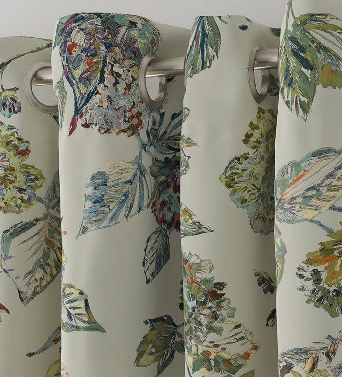 Artistic Beige Green Hand Painted Floral Botanical Leaf Cotton Linen Curtains | Blackout or Light Filtering | Standard or Custom Sizes