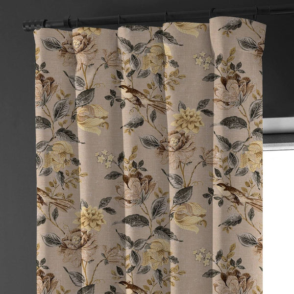 Neutral Taupe Curtains | Organic Cotton Linen | Floral & Bird Print | Blackout/Light Filtering | Made to Measure