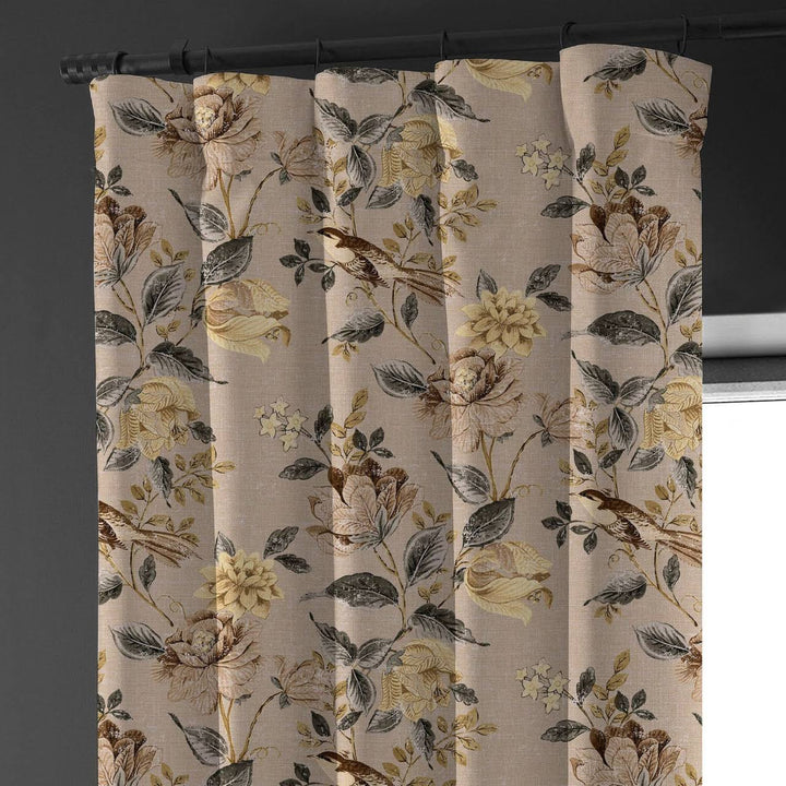 Neutral Taupe Curtains | Organic Cotton Linen | Floral & Bird Print | Blackout/Light Filtering | Made to Measure