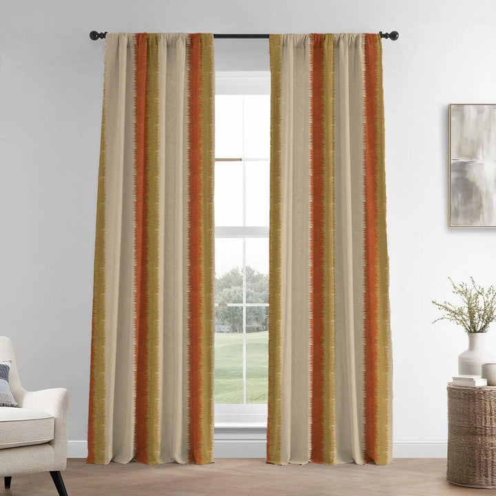 Natural Linen Beige & Rust Stripe Curtains - Rustic Earthy Home Decor