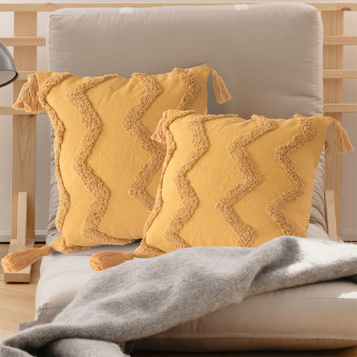 Mustard Yellow Tufted Cushion Cover | 45x45cm Cotton | Handmade with Tassels | Boho Decor