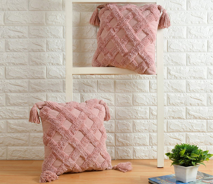 Pink Cushion Cover with Tassels | 40x40cm | Tufted Cotton | Boho Style