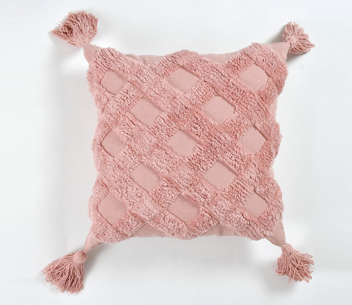 Pink Cushion Cover with Tassels | 40x40cm | Tufted Cotton | Boho Style