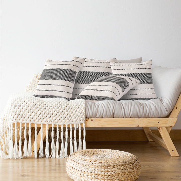 Cream & Black Striped Cushion Cover | 40x40cm | Handmade Cotton | Textured Weave