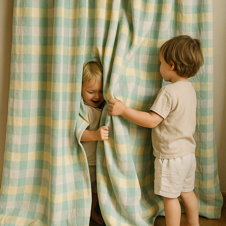 Pastel Plaid Linen Curtains – Custom Size – Light Filtering or Blackout Lined – 5 Colours