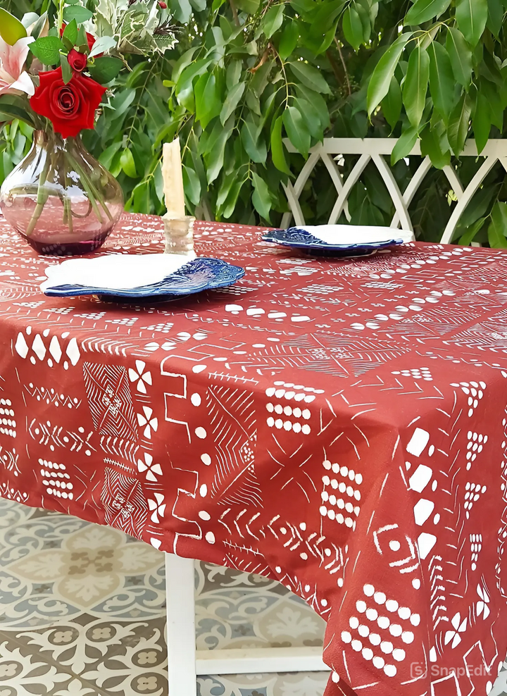 Red Geometric Print Tablecloth | GOTS Certified Organic Cotton | Various Sizes