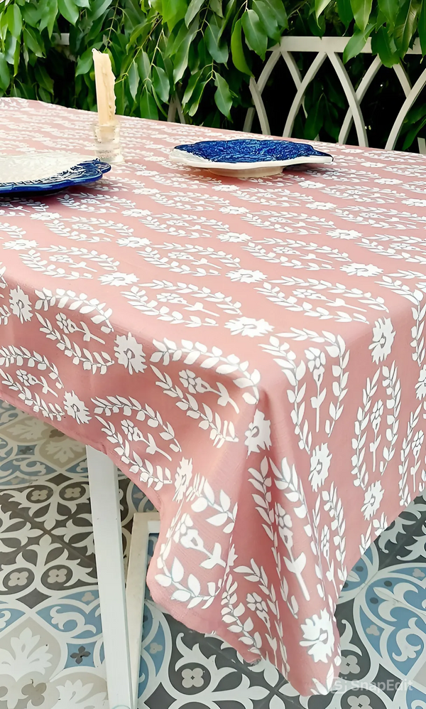 Dusky Pink Floral Tablecloth | GOTS Certified Organic Cotton | Various Sizes