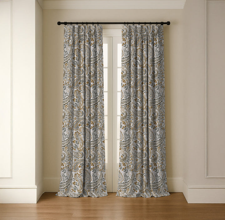 Organic Linen Paisley Pinch Pleat Curtains | Made to Measure | 5 Colours | Blackout Option Available