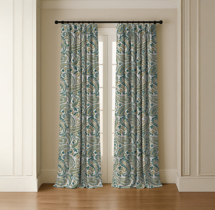Organic Linen Paisley Pinch Pleat Curtains | Made to Measure | 5 Colours | Blackout Option Available