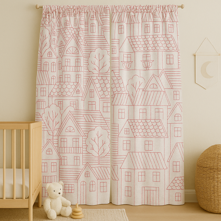 Embroidered Linen Curtains with Village House Pattern – 5 Colours – Blackout or Light Filtering Lined – Custom Sizes – Rod or Track Compatible