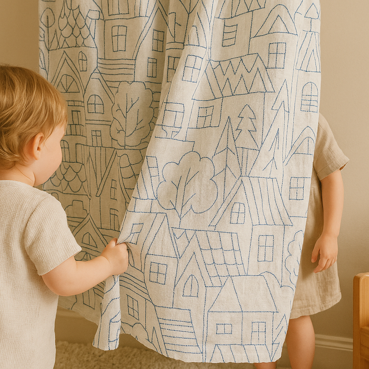 Embroidered Linen Curtains with Village House Pattern – 5 Colours – Blackout or Light Filtering Lined – Custom Sizes – Rod or Track Compatible